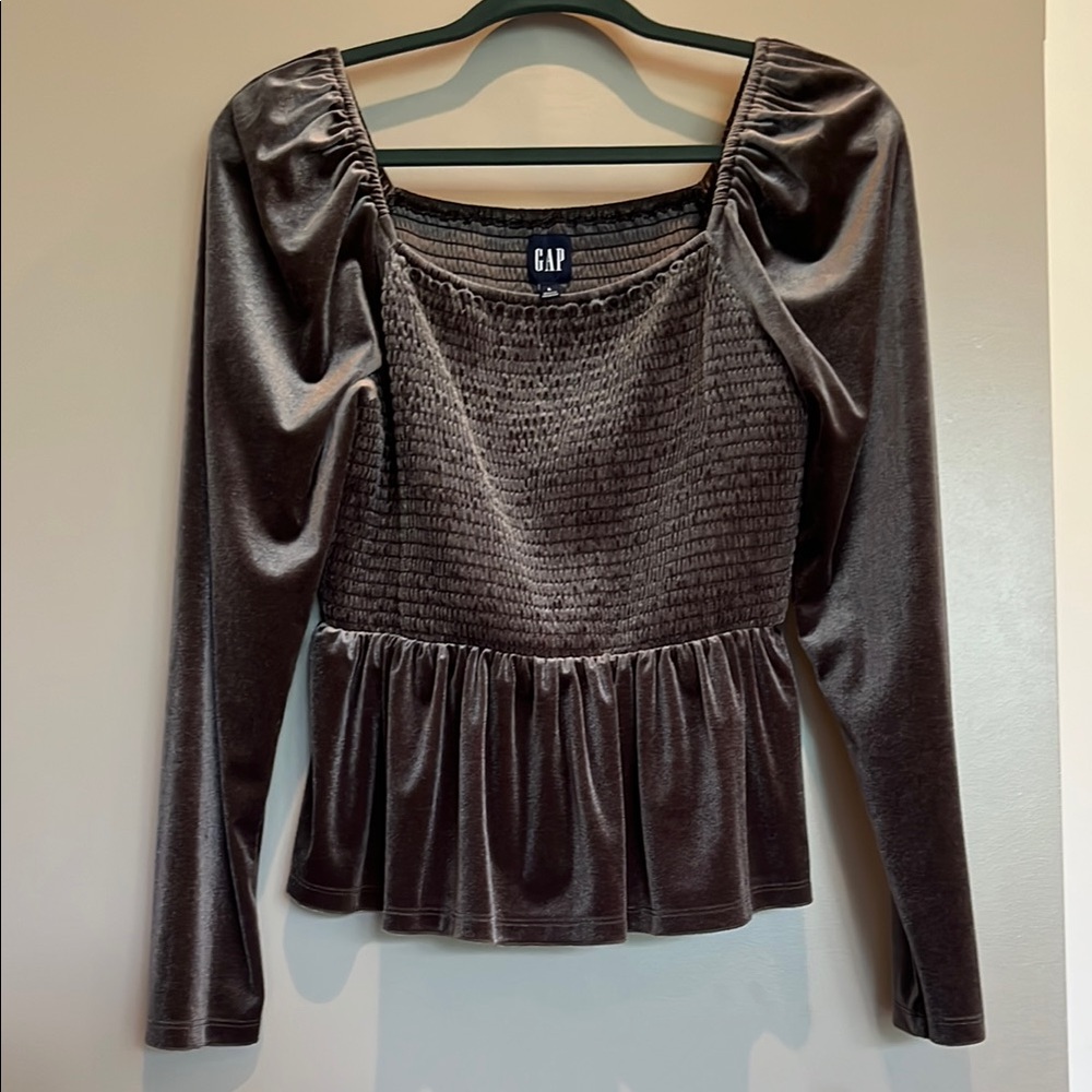 GAP Brown Smocked Peplum Blouse Long Sleeve